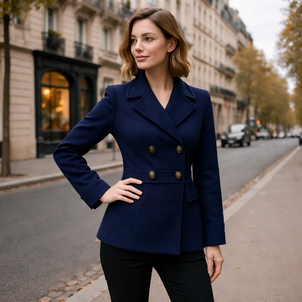 White House Black Market Navy Double-Breasted Wool Blazer